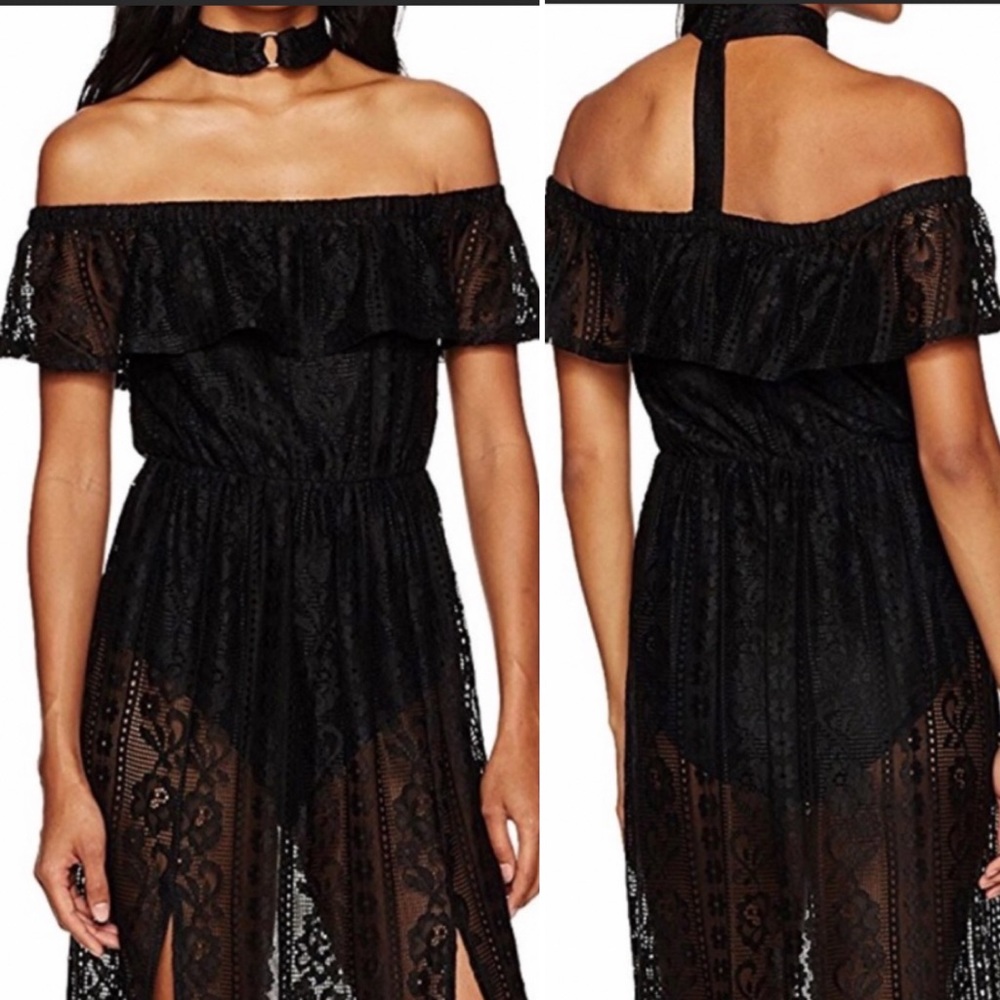 “Tricia” black lace off the shoulder choker maxi dress- S